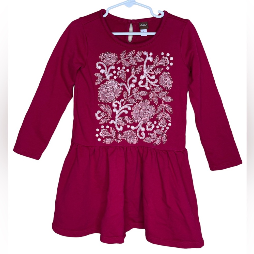 TEA COLLECTION: Red, Feather & Fan Embroidered Dress, Size 5